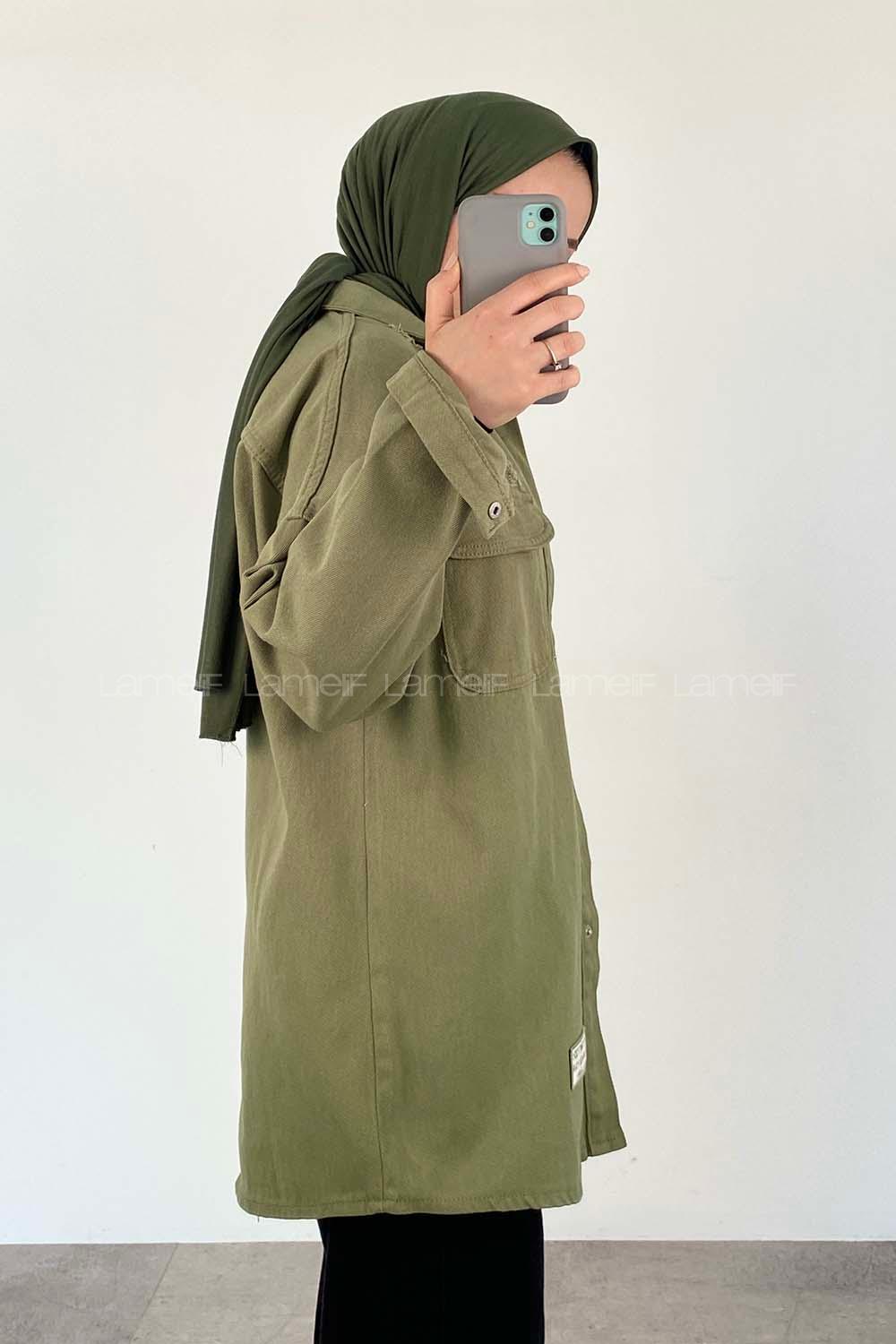 Modalamelif Önü Çıtçıt  Düğmeli Armalı Kot Ceket Haki