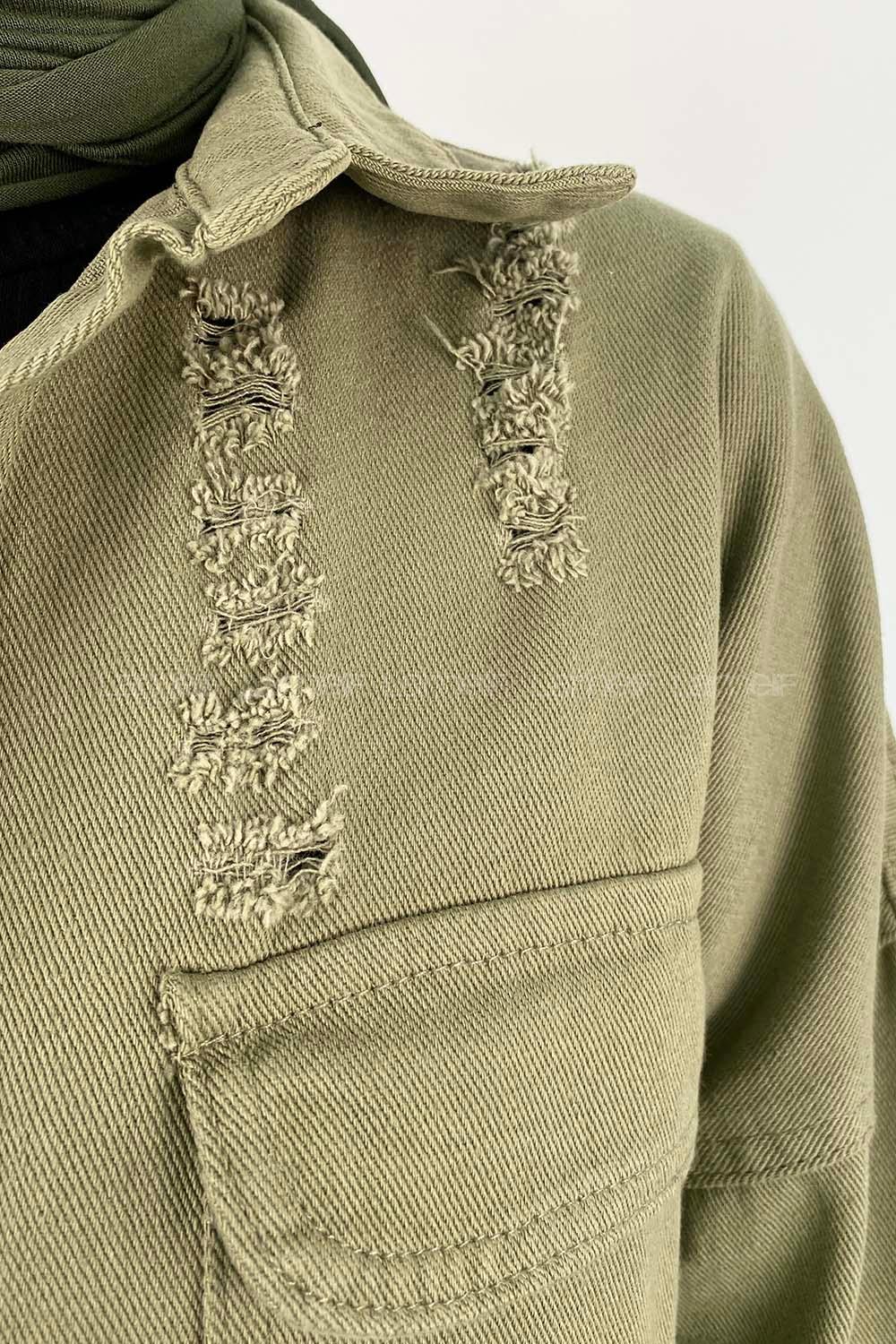 Modalamelif Önü Çıtçıt  Düğmeli Armalı Kot Ceket Haki