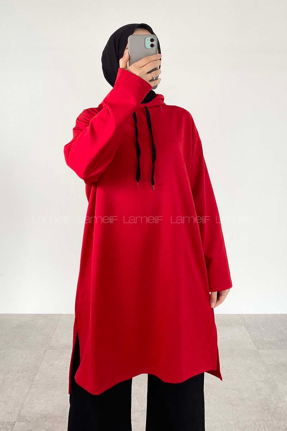Lamelif Düz Tesettür Model Spor Tunik Kırmızı