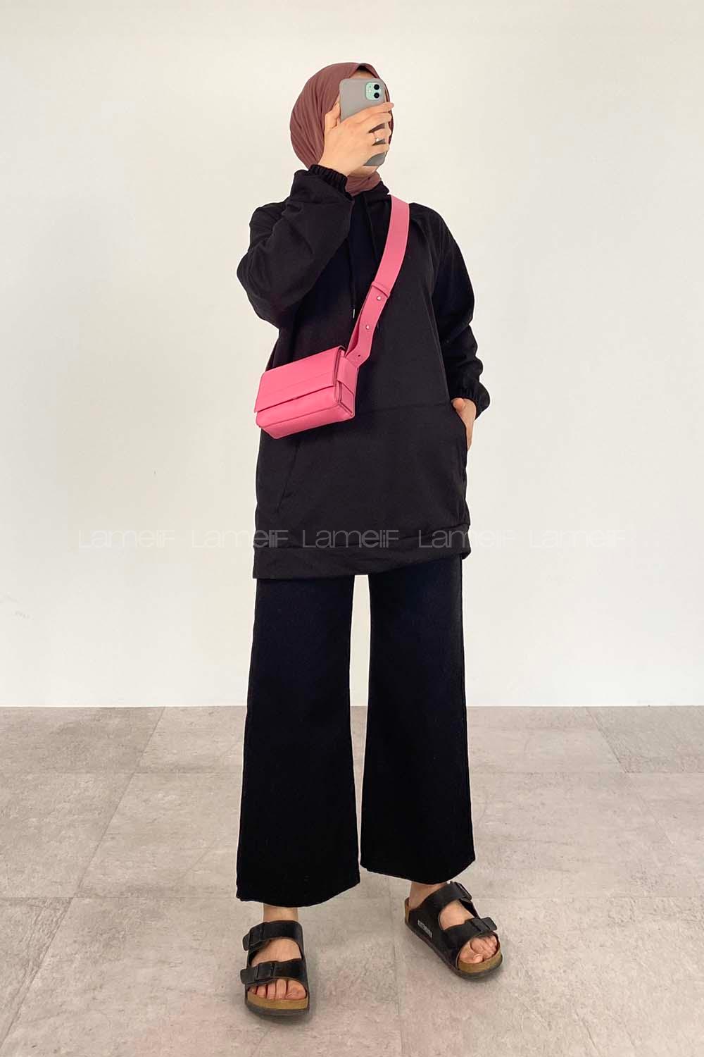 Modalamelif Kapşonlu Kanguru Cep Sweat Siyah