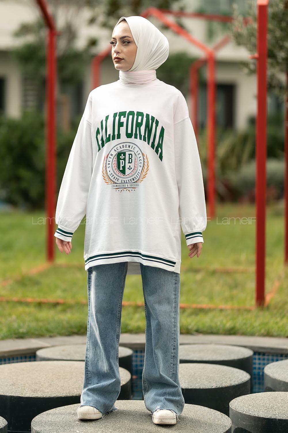Modalamelif Calıfornia Yazı Baskılı Şerit Desenli Sweat Beyaz-Yeşil