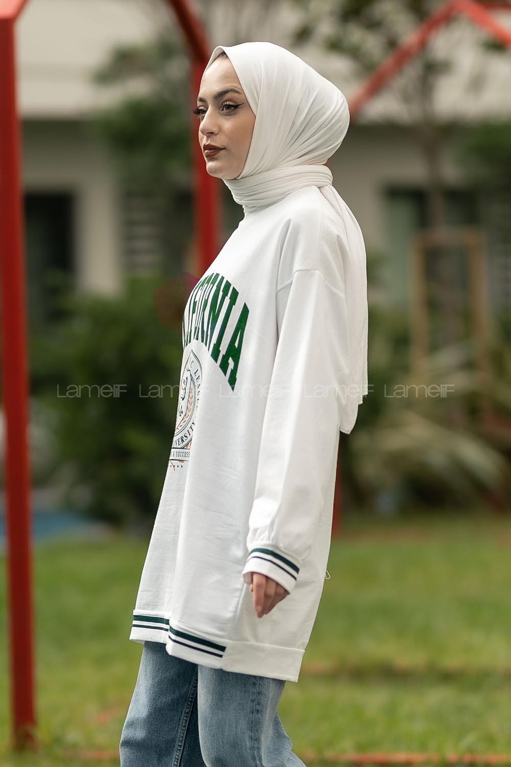 Modalamelif Calıfornia Yazı Baskılı Şerit Desenli Sweat Beyaz-Yeşil