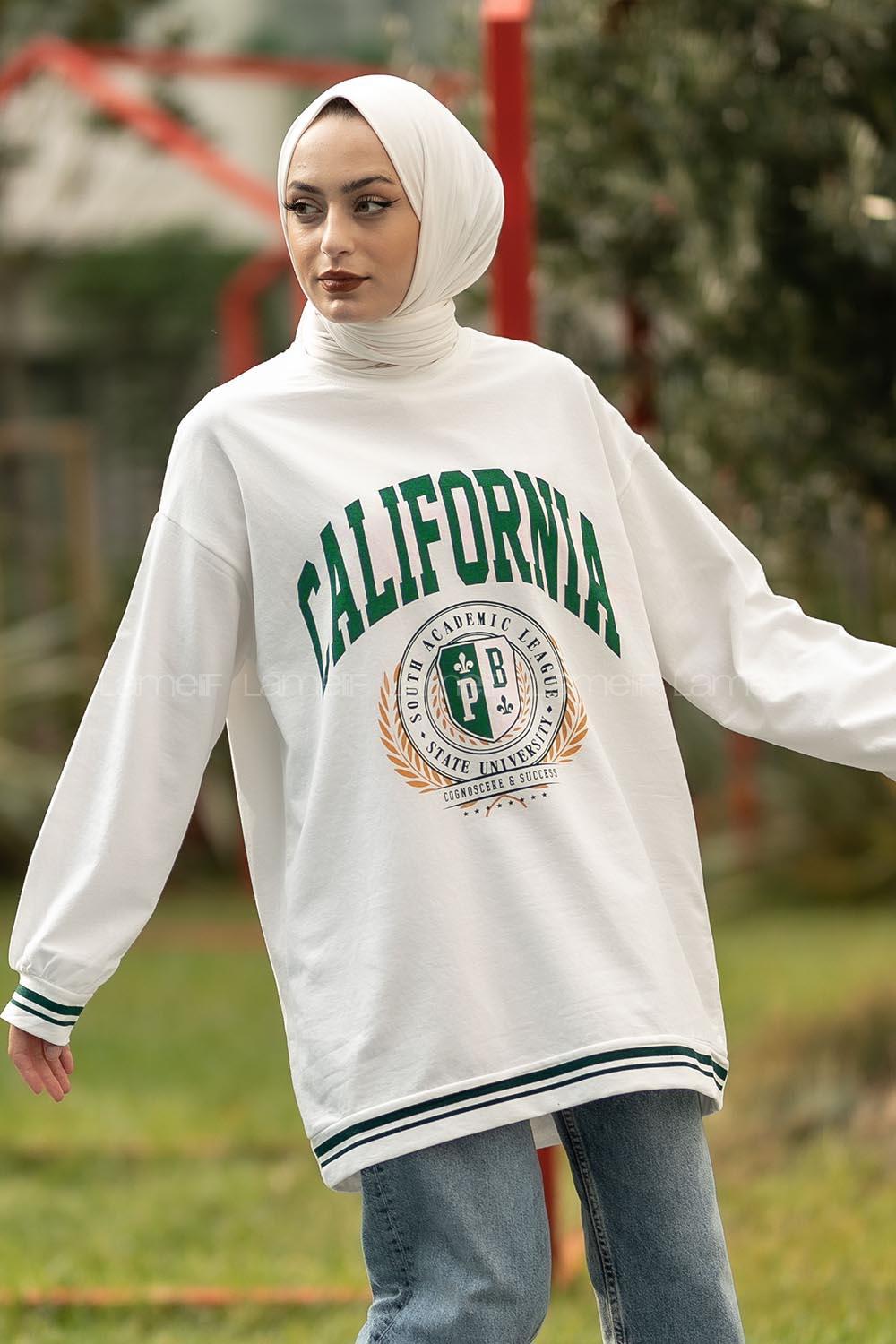 Modalamelif Calıfornia Yazı Baskılı Şerit Desenli Sweat Beyaz-Yeşil