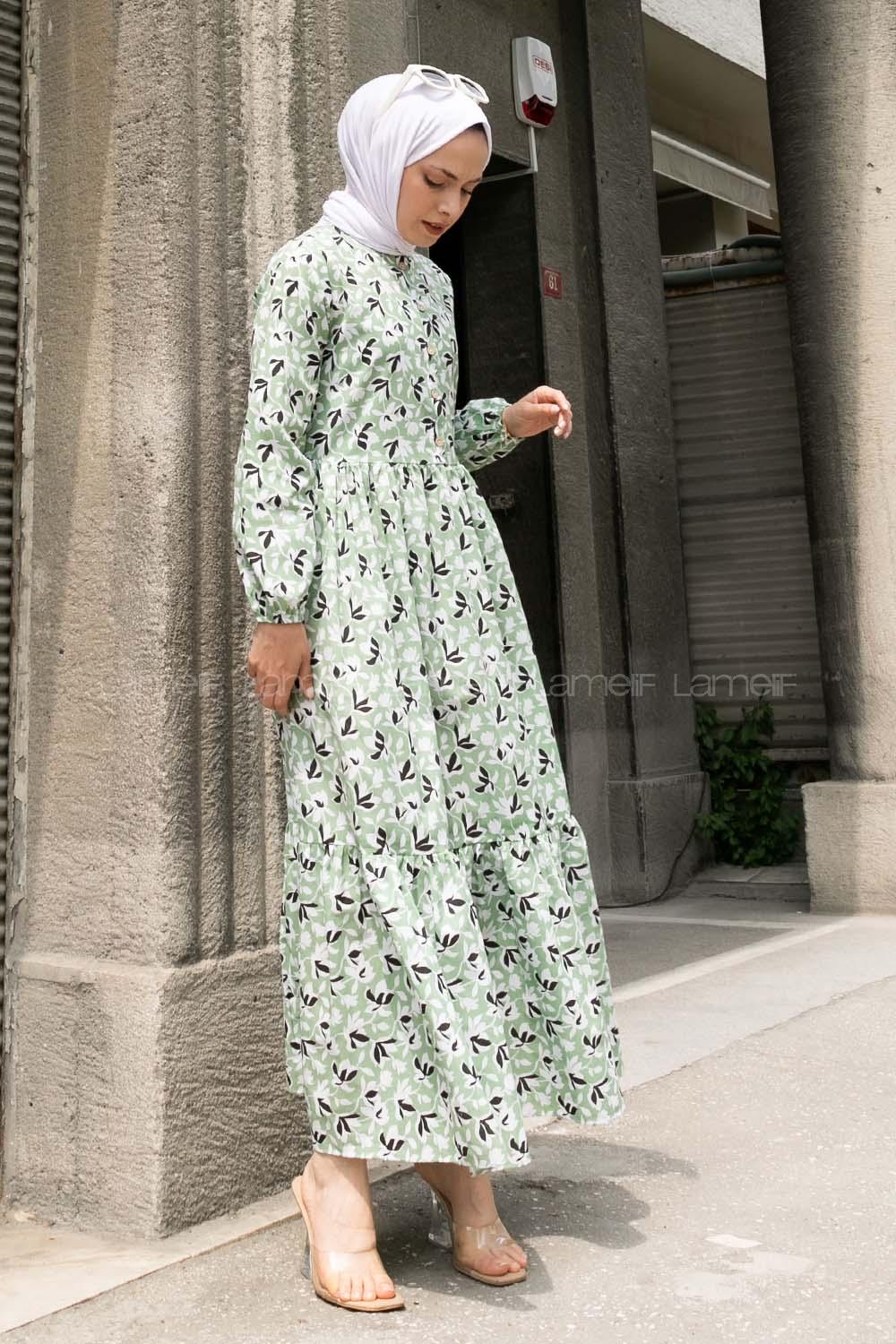 Pistachio Green Crew Neck Cotton Printed Dresess