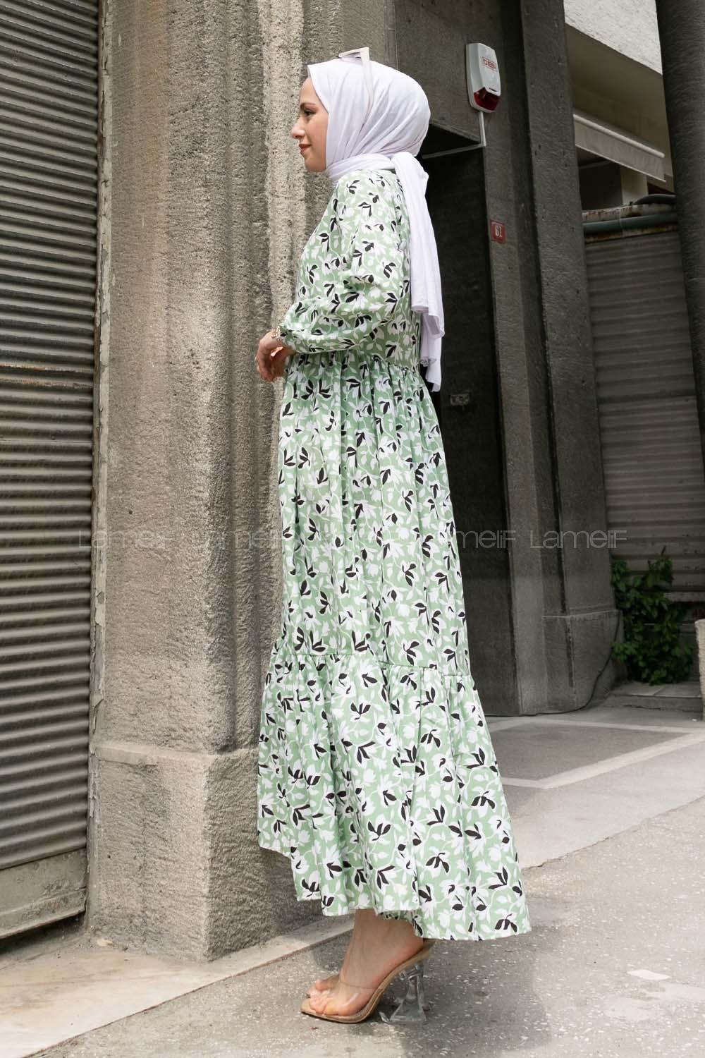 Pistachio Green Crew Neck Cotton Printed Dresess