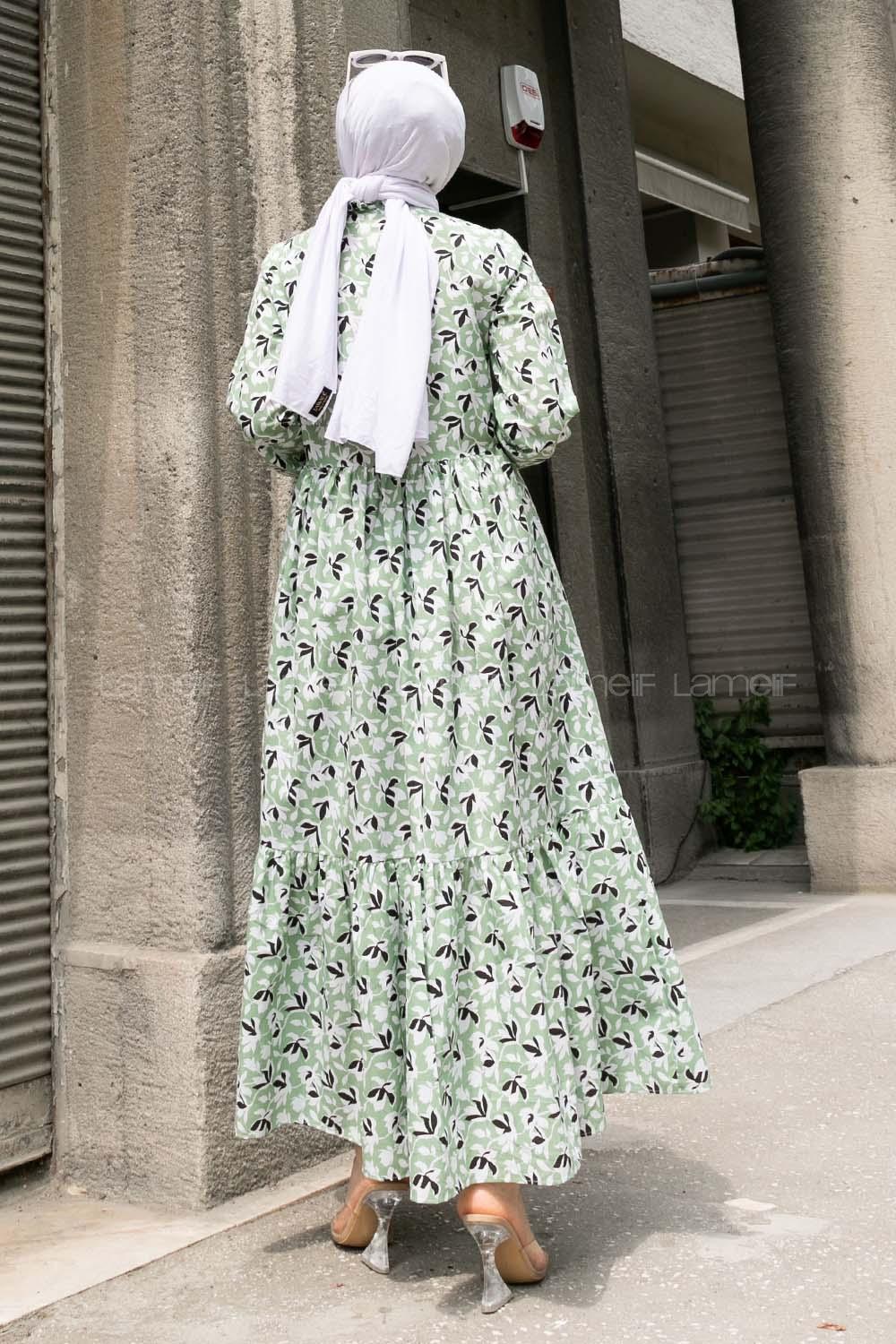 Pistachio Green Crew Neck Cotton Printed Dresess