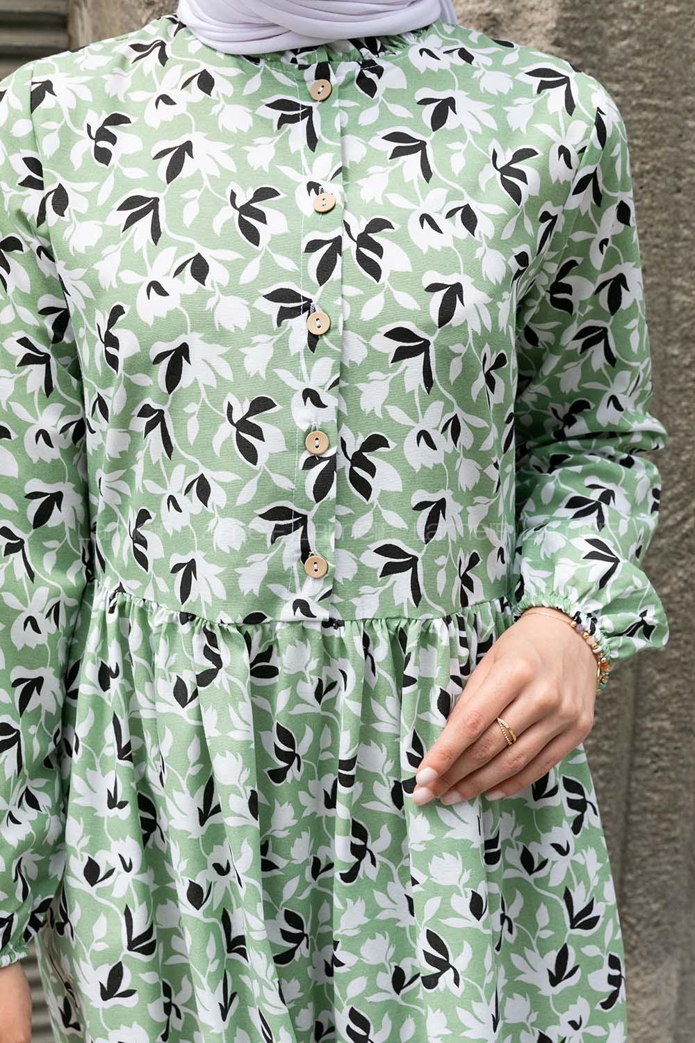 Pistachio Green Crew Neck Cotton Printed Dresess