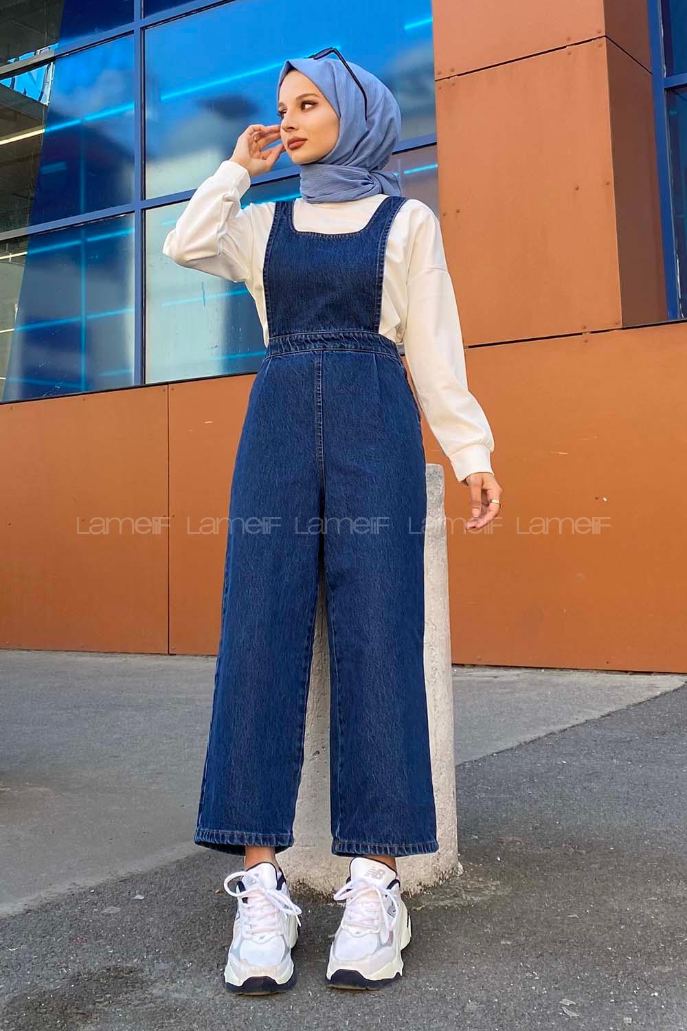 Lamelif Koyu Mavi Tesettür Model Kot Tulum