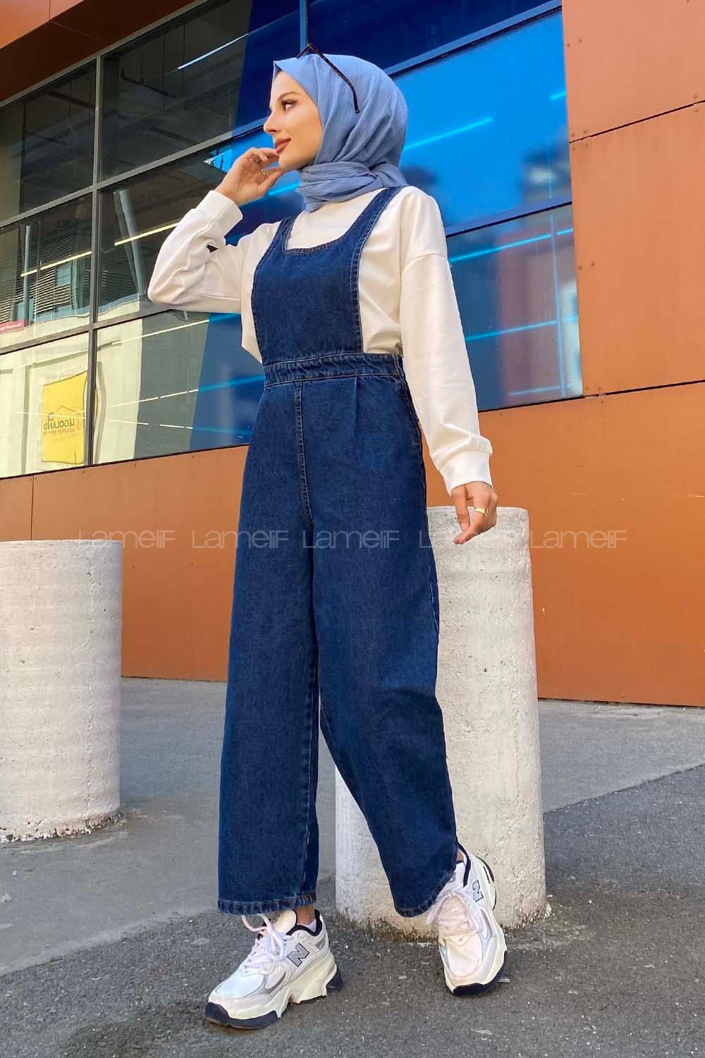 Lamelif Koyu Mavi Tesettür Model Kot Tulum