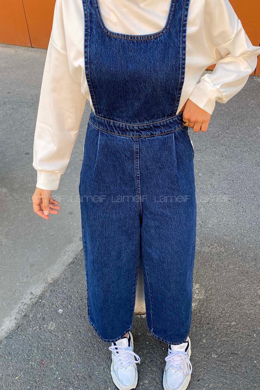 Lamelif Koyu Mavi Tesettür Model Kot Tulum