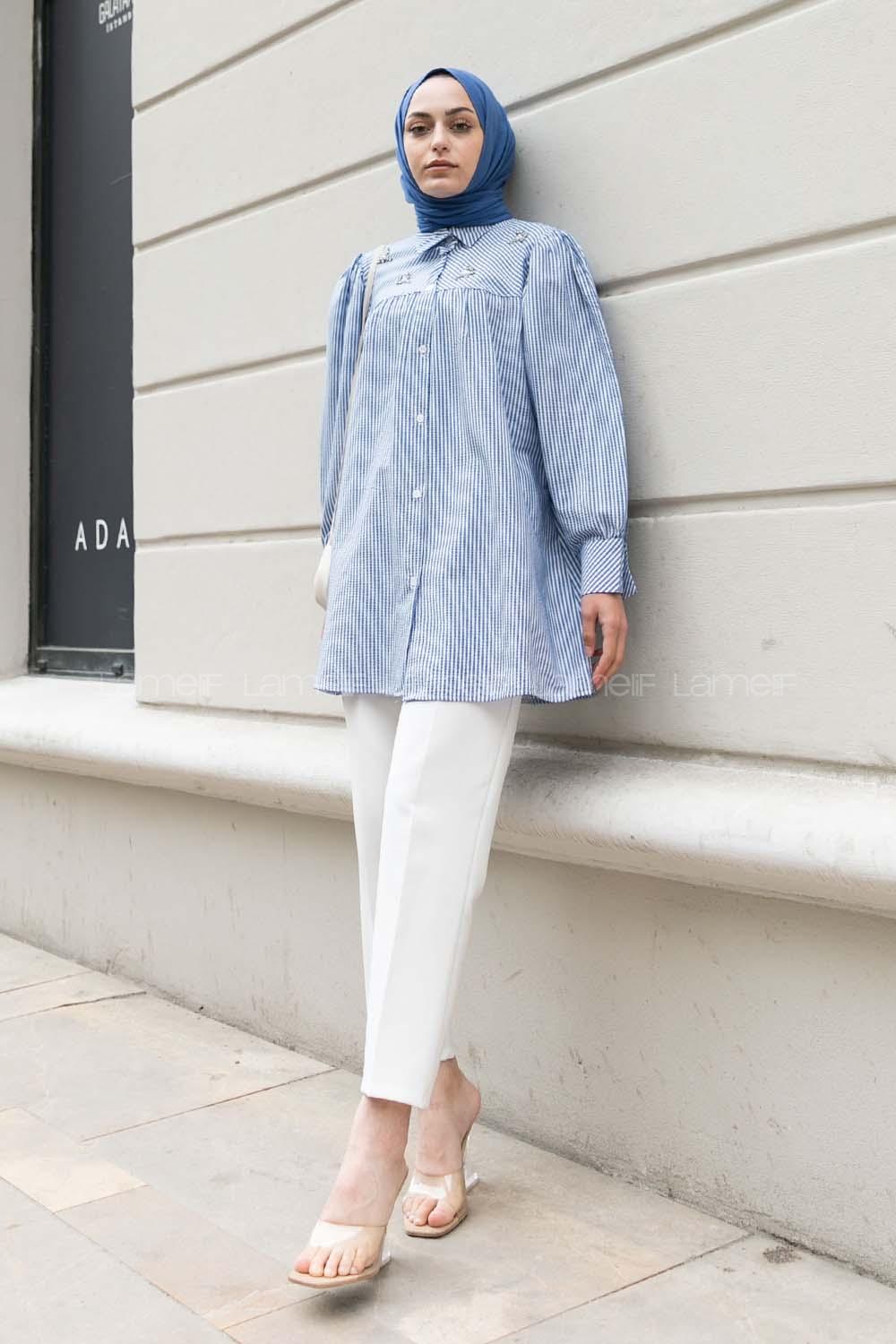 Blue Shirt Collar Long Arm Balloon Sleeve Arm Cotton Fabric Printed Shirt