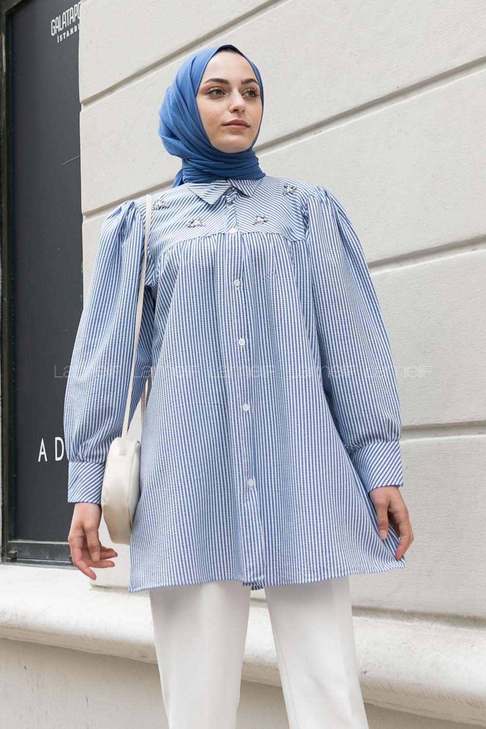 Blue Shirt Collar Long Arm Balloon Sleeve Arm Cotton Fabric Printed Shirt