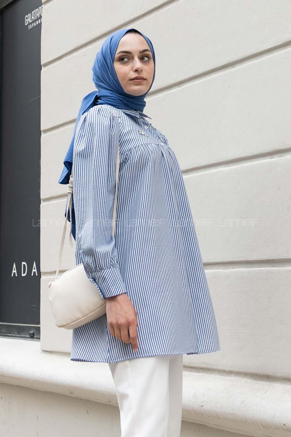 Blue Shirt Collar Long Arm Balloon Sleeve Arm Cotton Fabric Printed Shirt