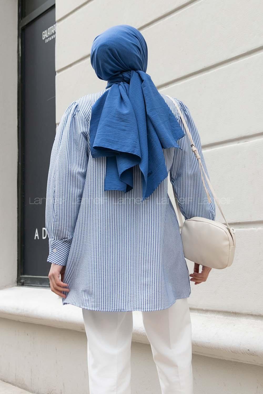 Blue Shirt Collar Long Arm Balloon Sleeve Arm Cotton Fabric Printed Shirt