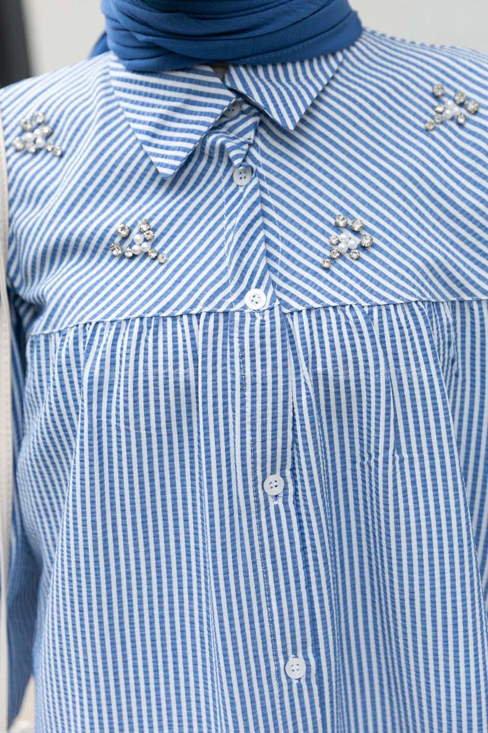 Blue Shirt Collar Long Arm Balloon Sleeve Arm Cotton Fabric Printed Shirt