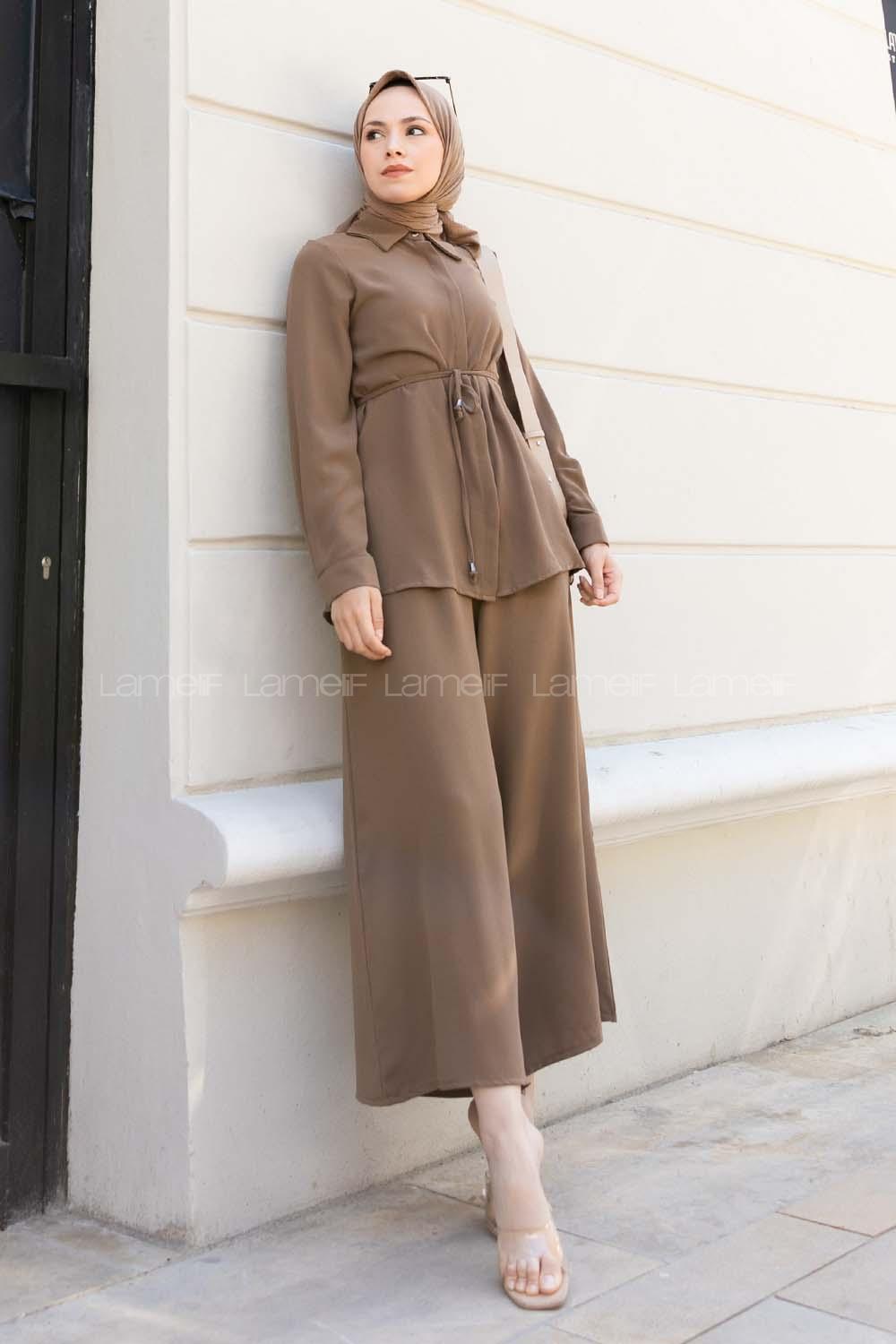 Brown Shirt Collar Long Arm Belted Crepe Fabric Regular Trousers Comfortable Suit