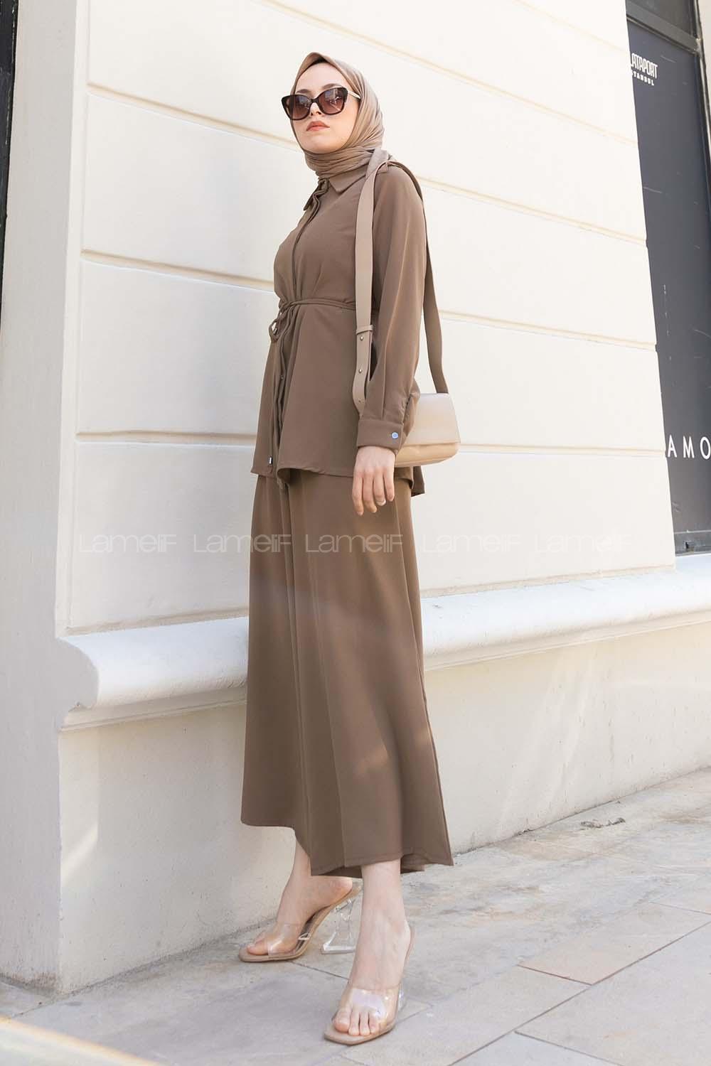 Brown Shirt Collar Long Arm Belted Crepe Fabric Regular Trousers Comfortable Suit