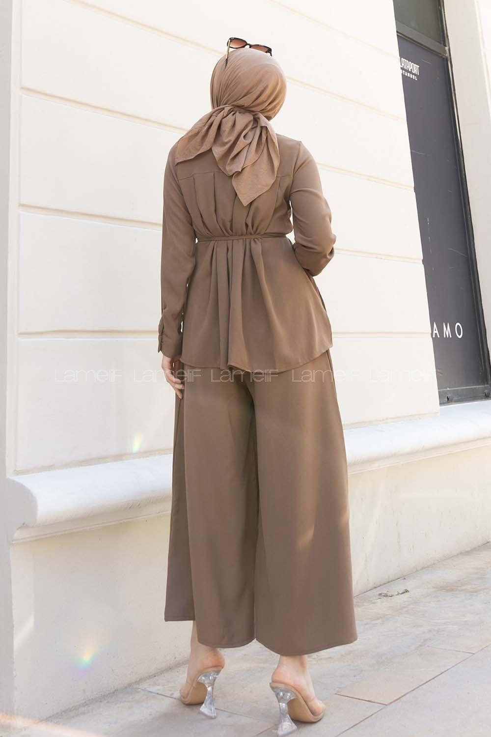 Brown Shirt Collar Long Arm Belted Crepe Fabric Regular Trousers Comfortable Suit