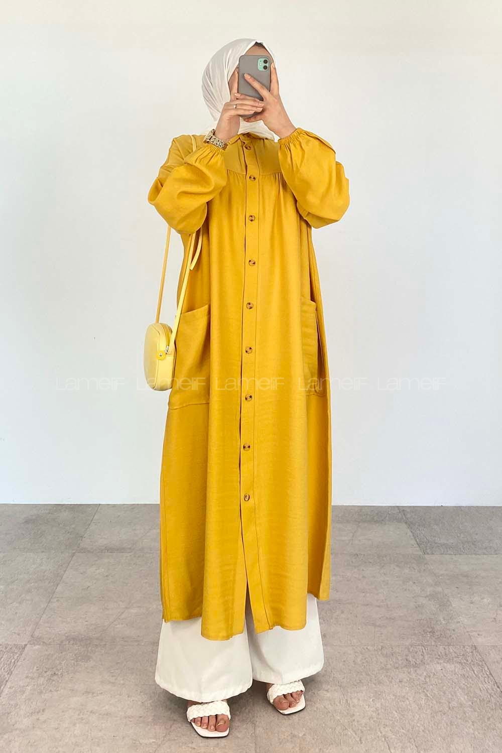 Yellow Shirt Collar Linen Unprinted Dresess