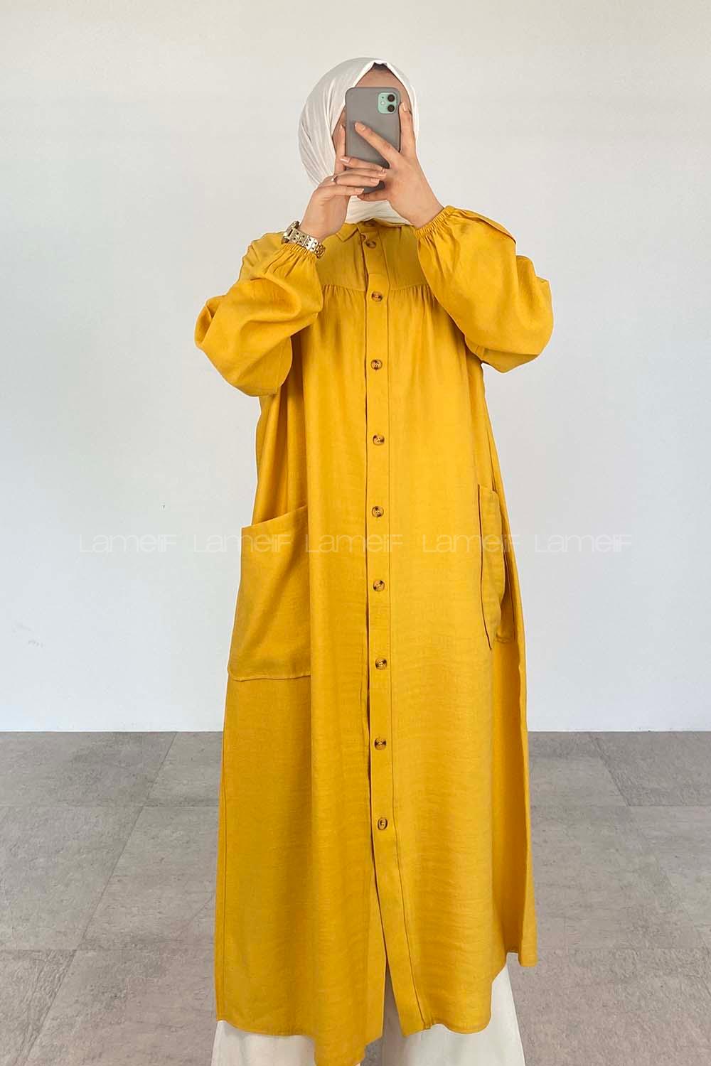 Yellow Shirt Collar Linen Unprinted Dresess