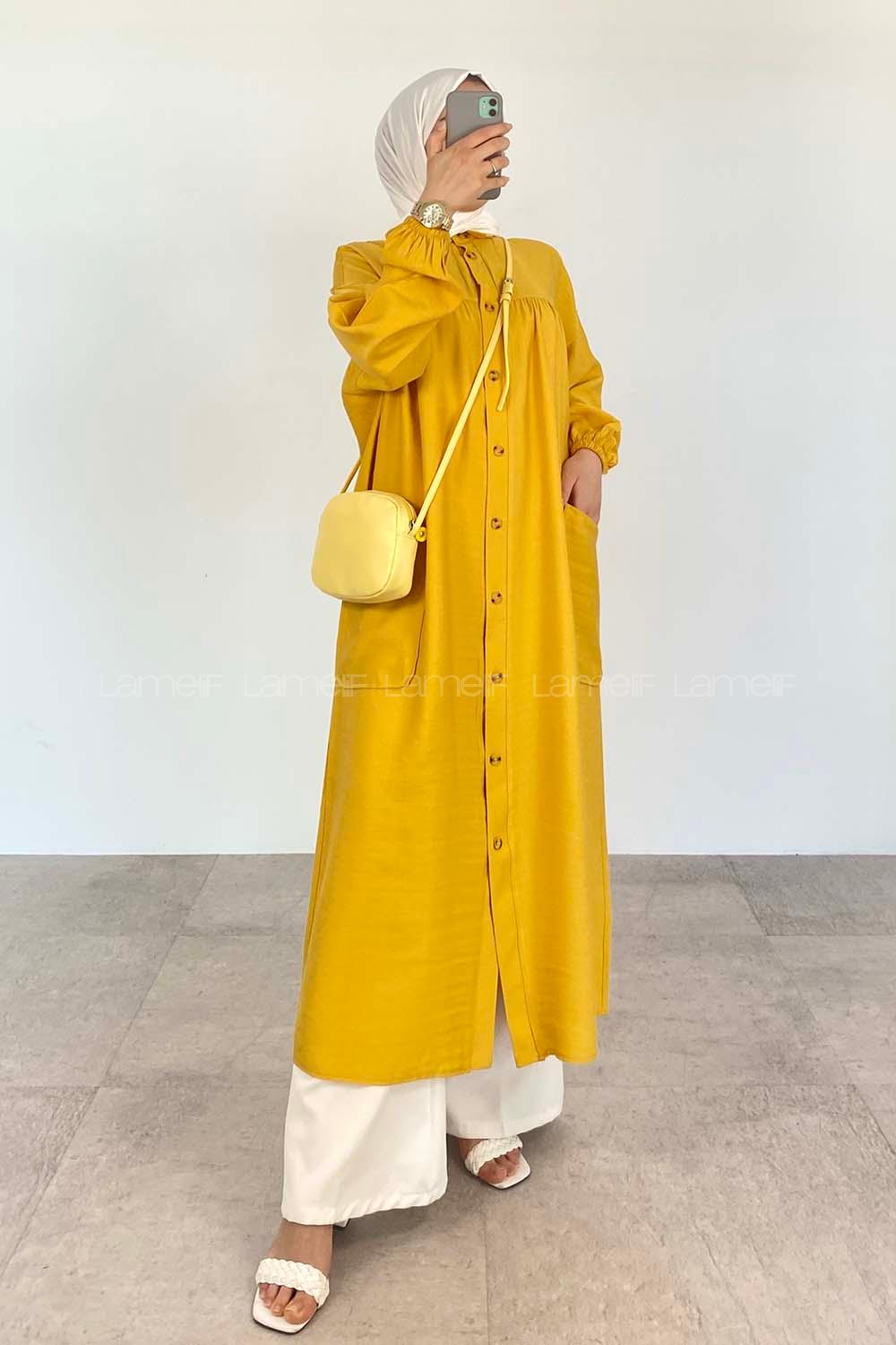 Yellow Shirt Collar Linen Unprinted Dresess