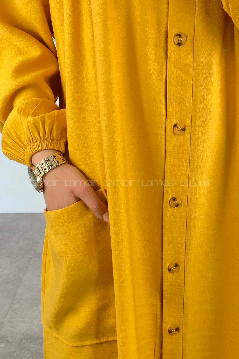 Yellow Shirt Collar Linen Unprinted Dresess