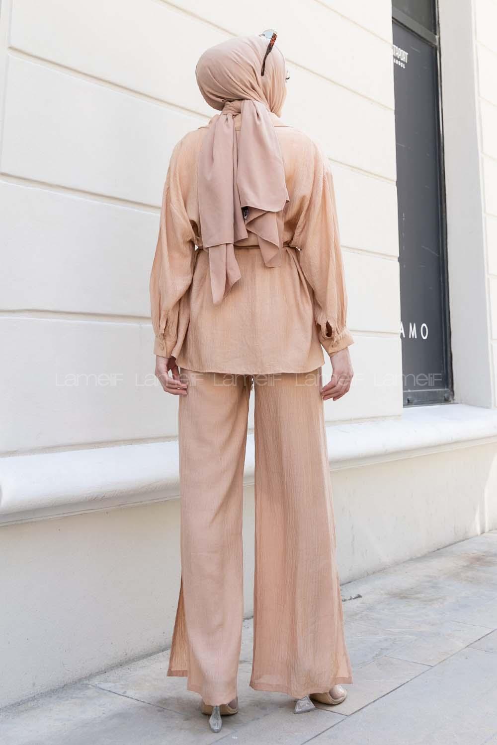 Lamelif Oversize Gömlek Pantolon Takım Camel