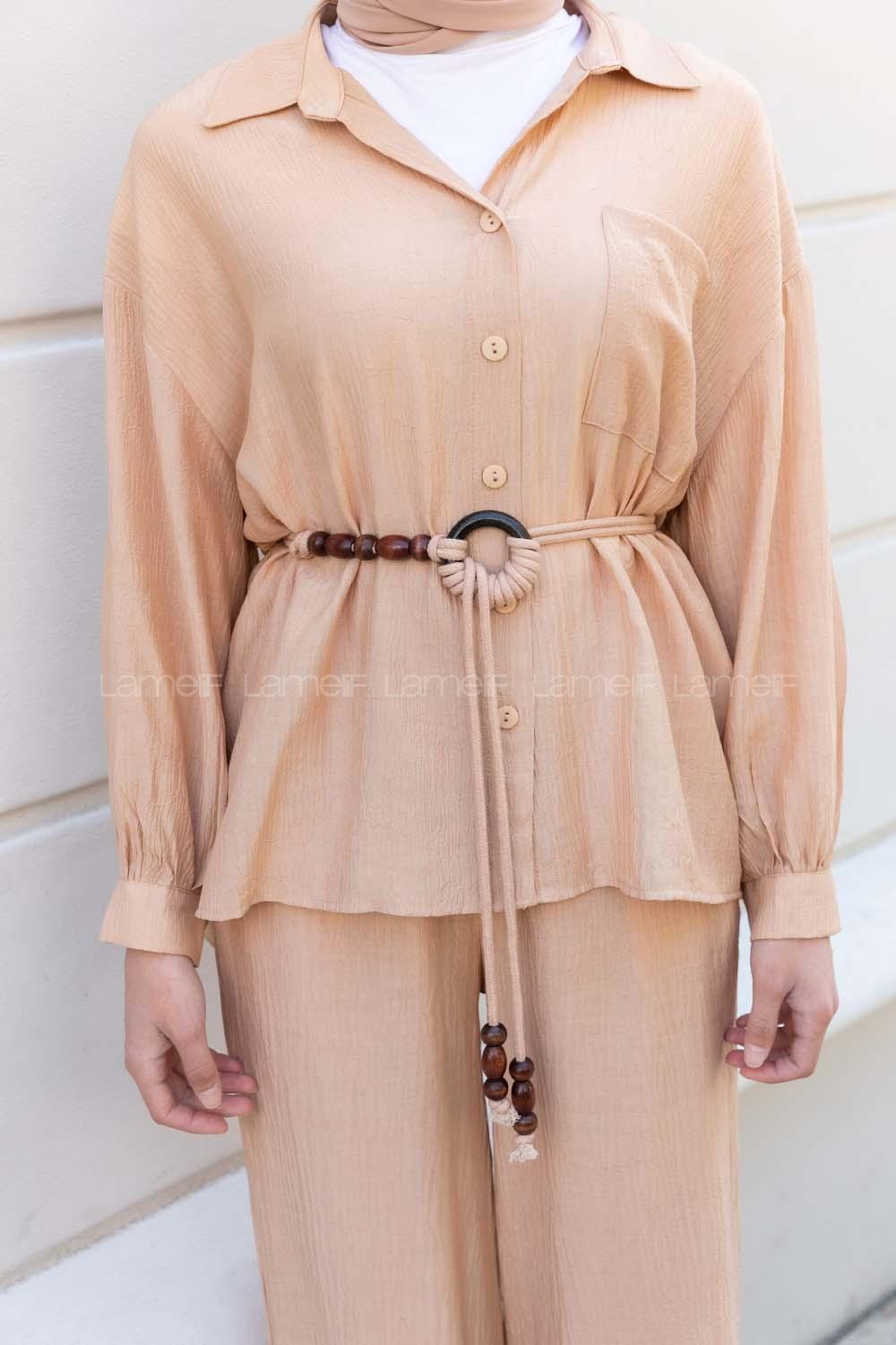 Lamelif Oversize Gömlek Pantolon Takım Camel