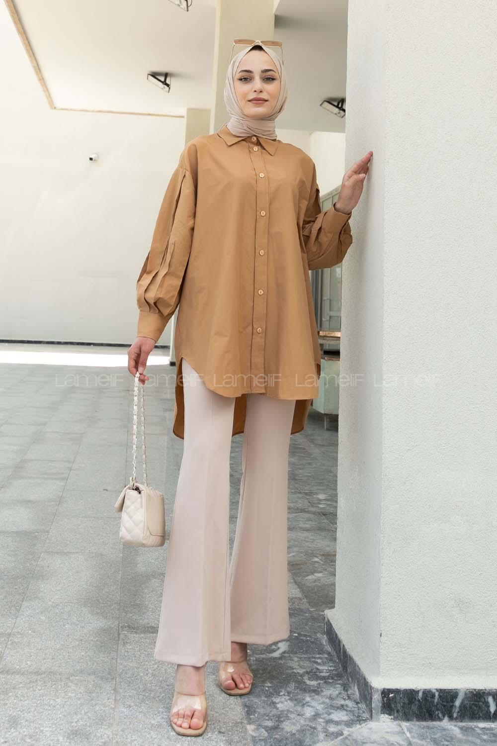 Brown With Milk Shirt Collar Poplin Fabric Unprinted Tunic