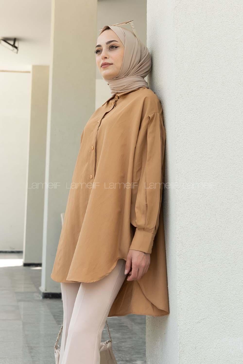 Brown With Milk Shirt Collar Poplin Fabric Unprinted Tunic