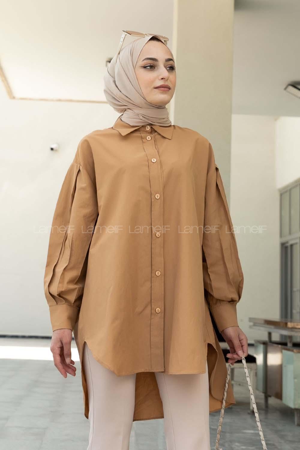 Brown With Milk Shirt Collar Poplin Fabric Unprinted Tunic