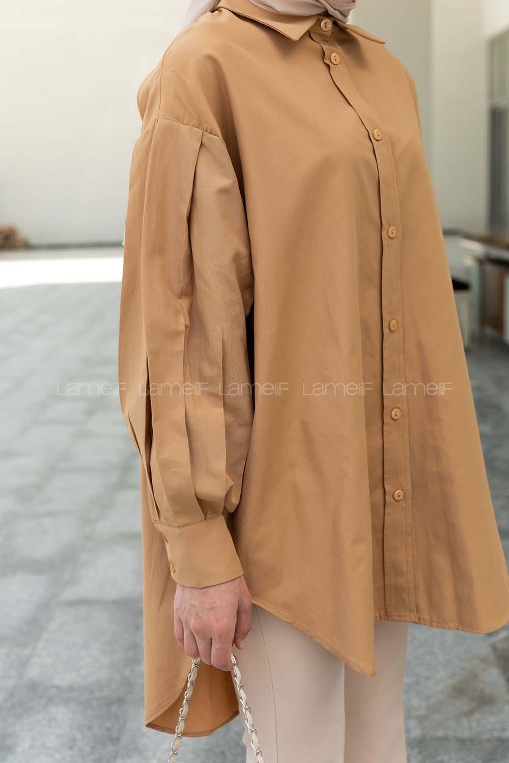 Brown With Milk Shirt Collar Poplin Fabric Unprinted Tunic