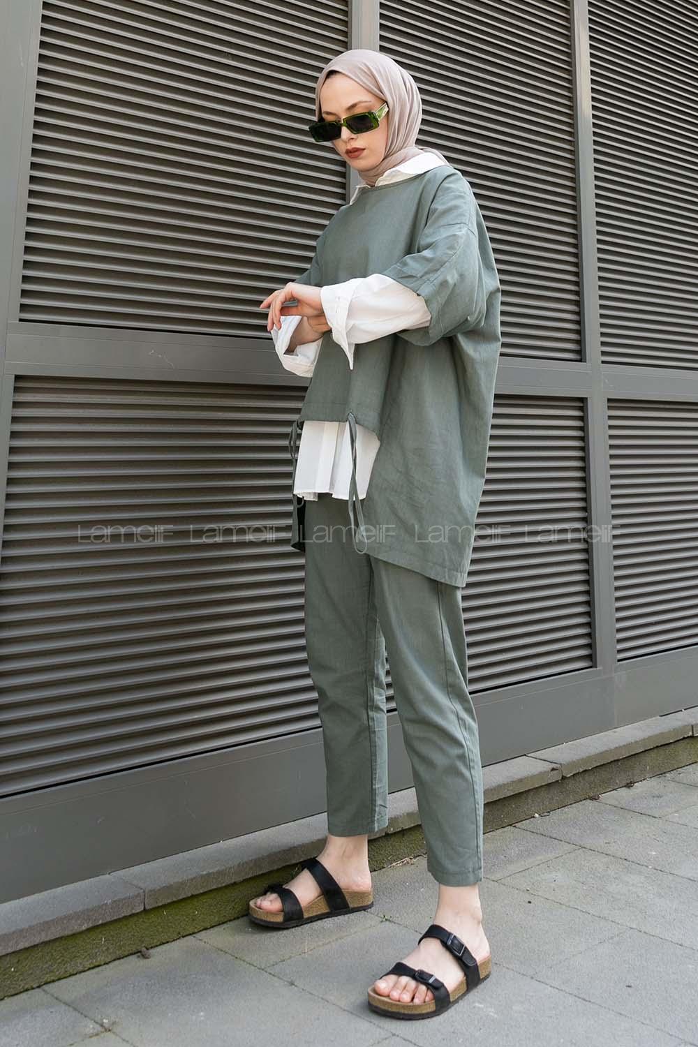 Modalamelif Asimetrik Garnili 3lü Takım Haki