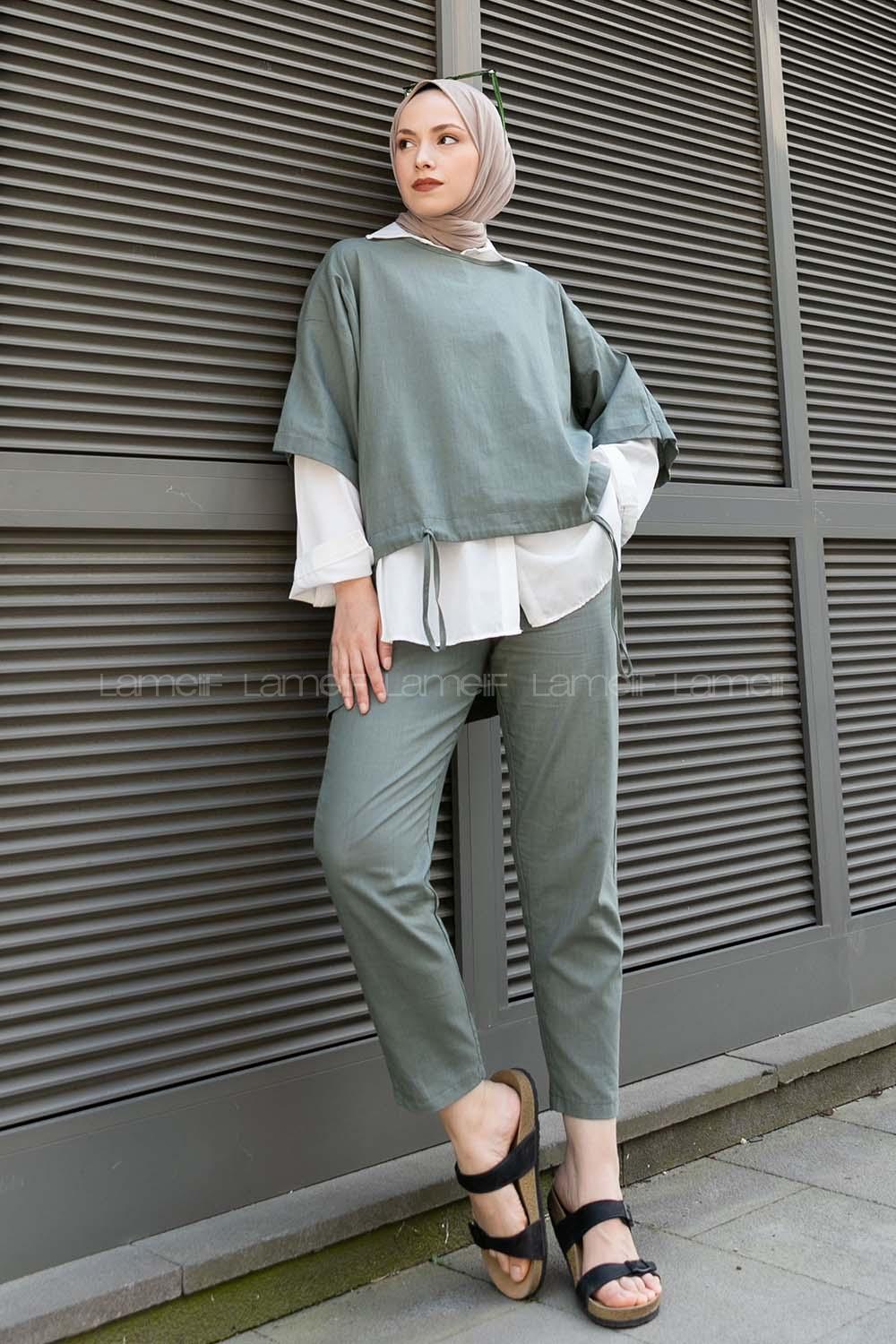 Modalamelif Asimetrik Garnili 3lü Takım Haki