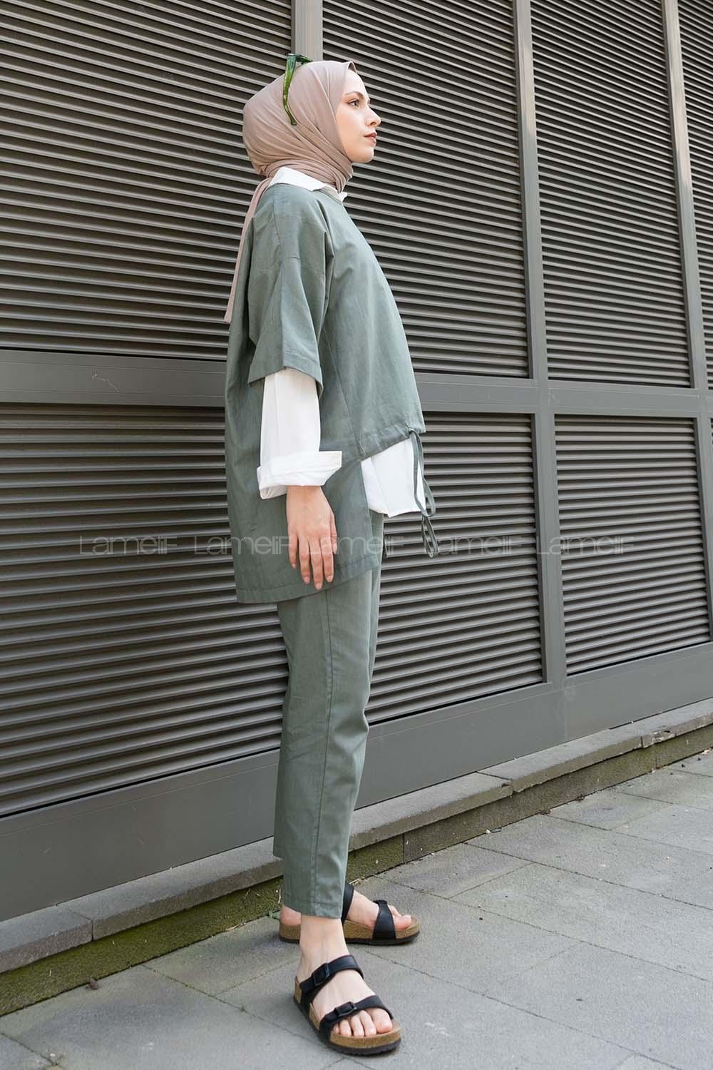 Modalamelif Asimetrik Garnili 3lü Takım Haki