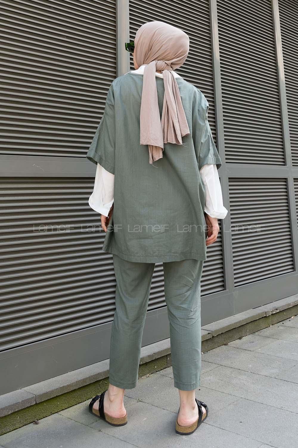 Modalamelif Asimetrik Garnili 3lü Takım Haki