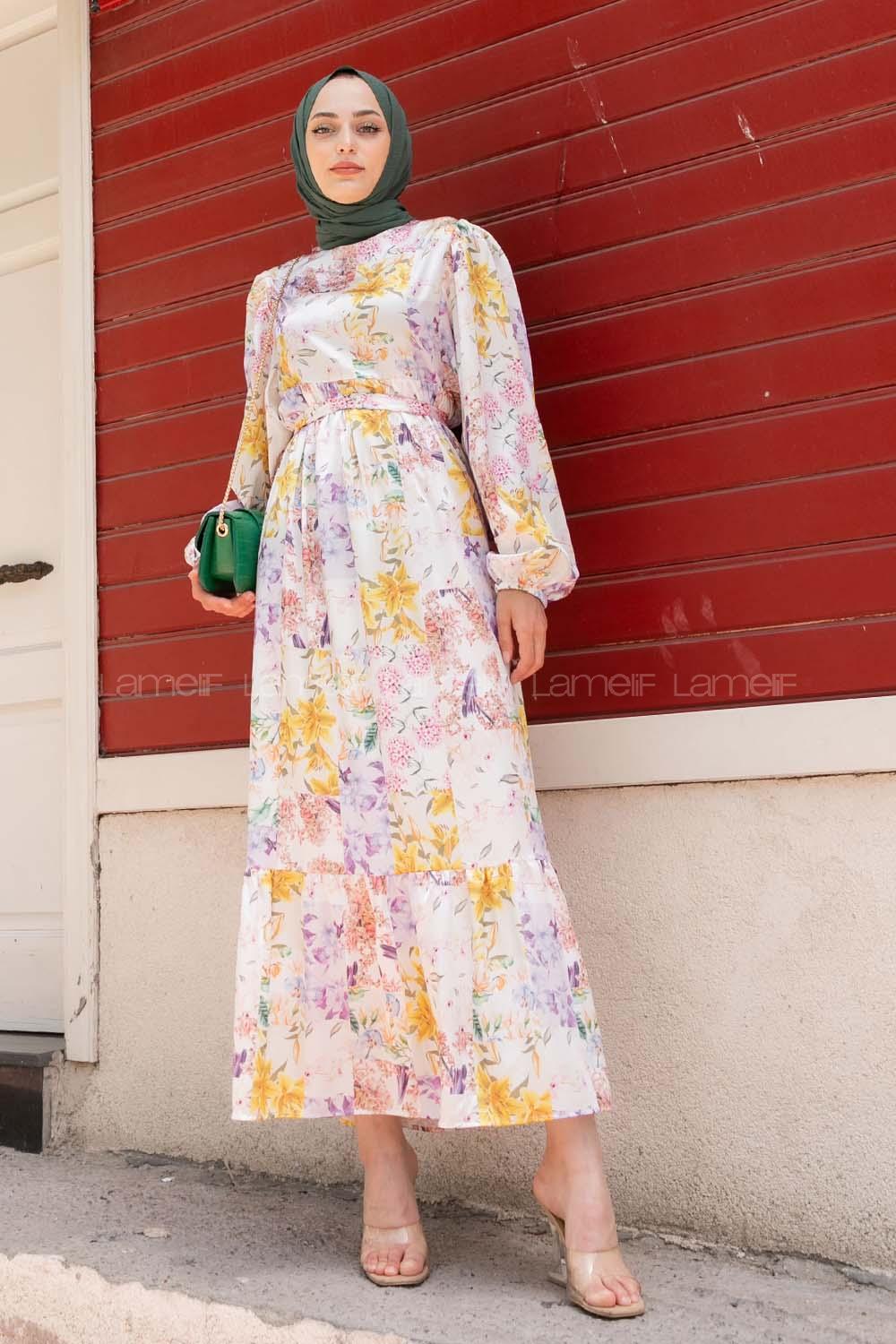 Modalamelif Çiçek Desenli Etek Ucu Volanlı Saten Elbise Sarı- Lila