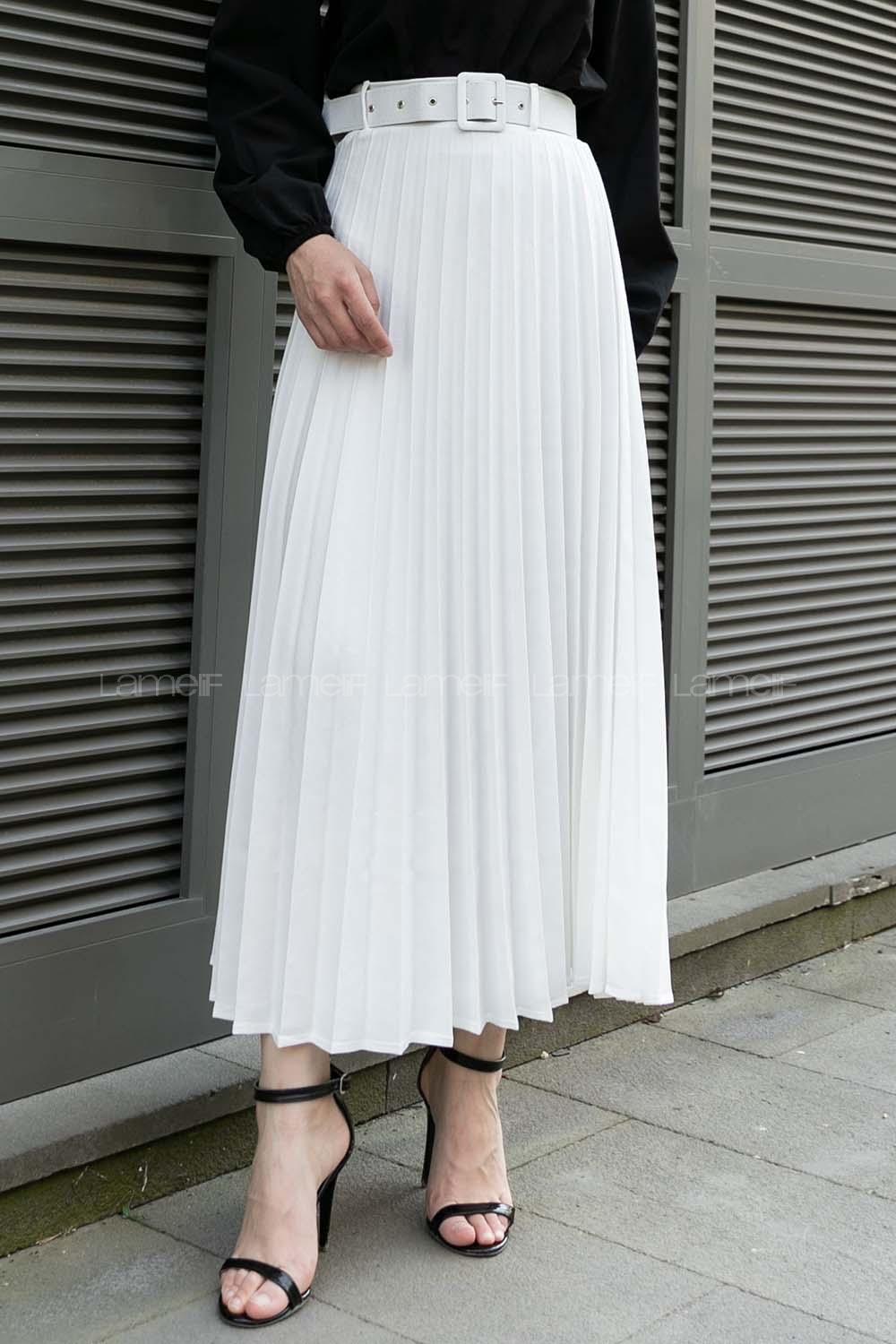 White Viscose Fabric Unprinted Pleated Skirt