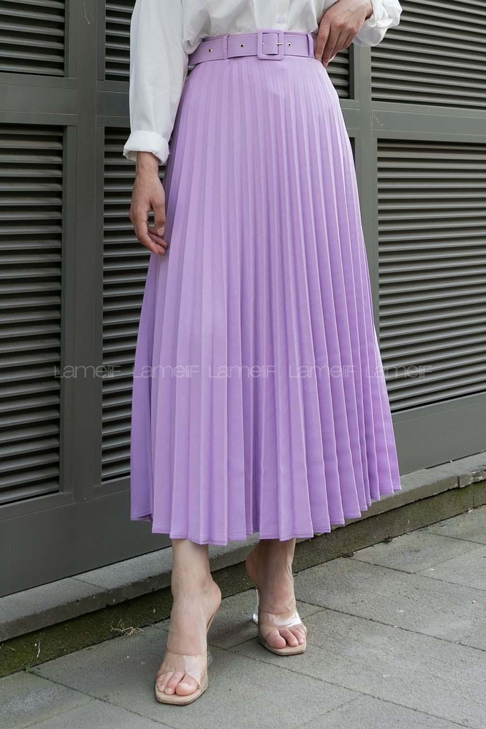 Modalamelif Kaplama Kemer Detaylı Piliseli Krep Etek Lila