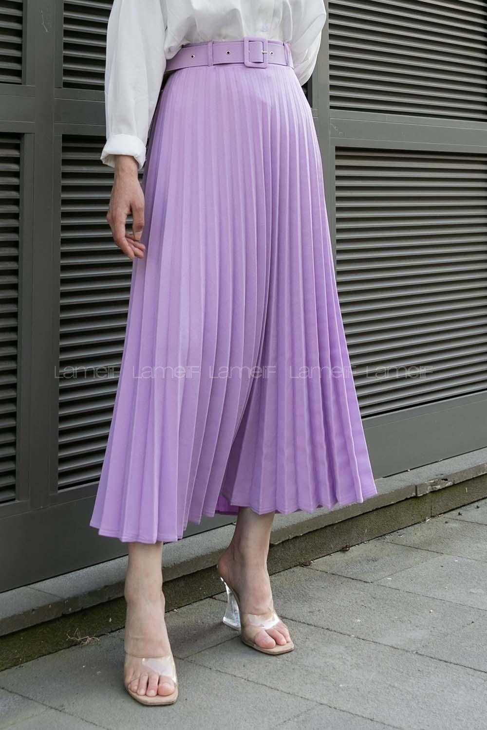 Modalamelif Kaplama Kemer Detaylı Piliseli Krep Etek Lila