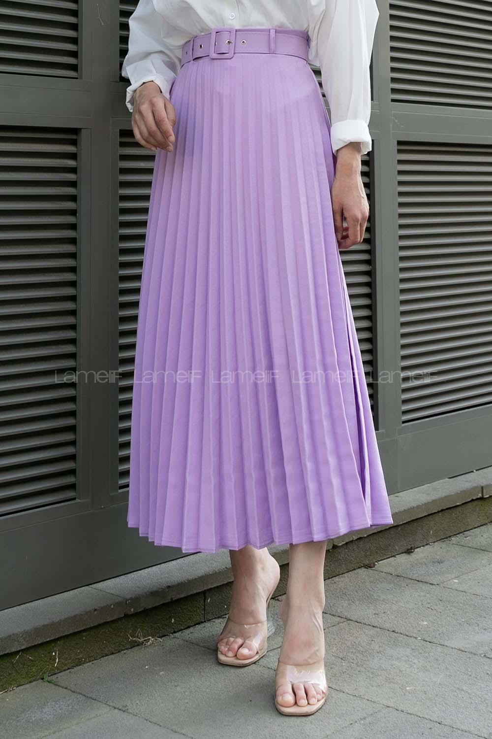 Modalamelif Kaplama Kemer Detaylı Piliseli Krep Etek Lila