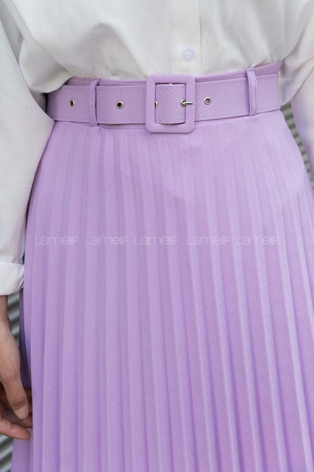 Modalamelif Kaplama Kemer Detaylı Piliseli Krep Etek Lila