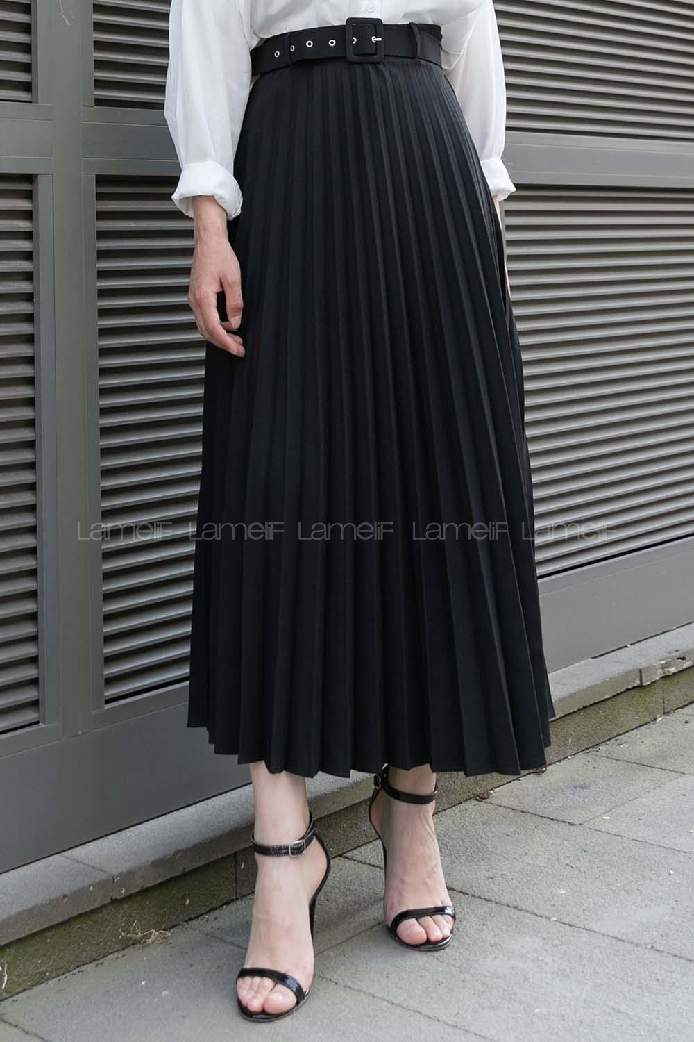 Black Viscose Fabric Unprinted Pleated Skirt