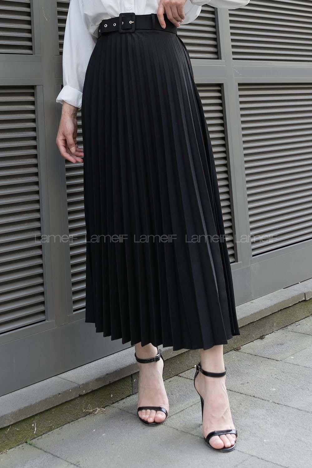 Black Viscose Fabric Unprinted Pleated Skirt