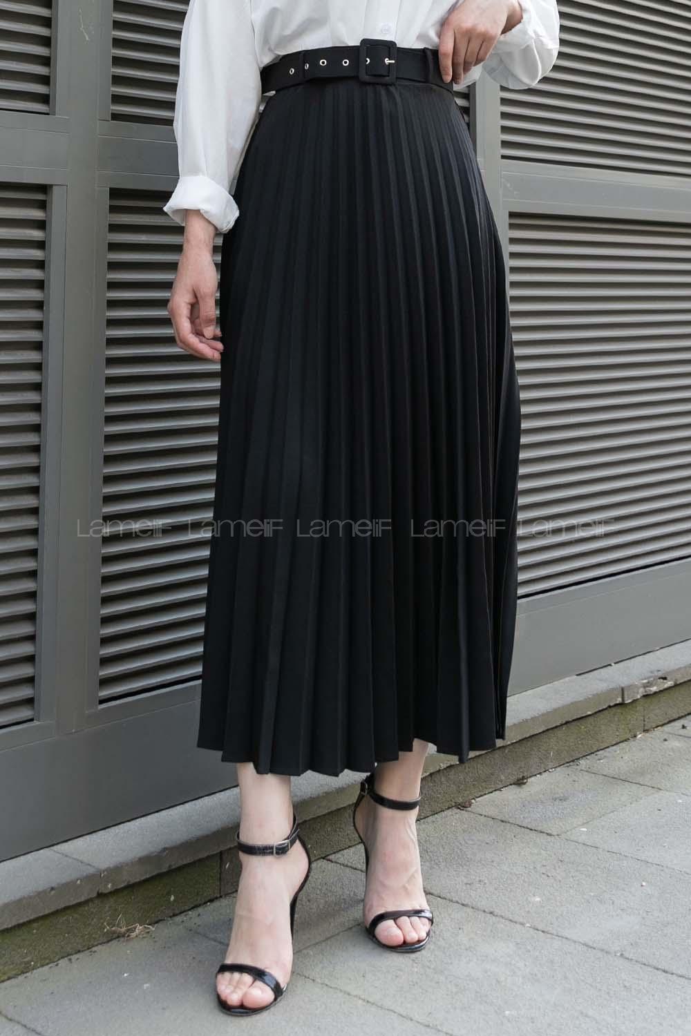 Black Viscose Fabric Unprinted Pleated Skirt