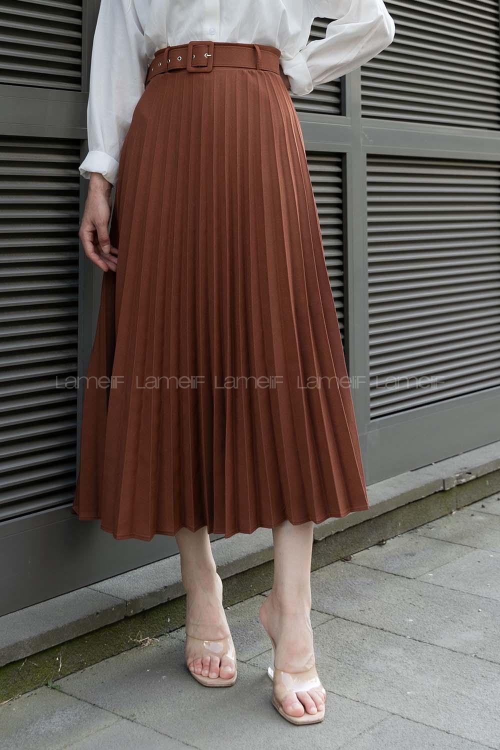 Tan Viscose Fabric Unprinted Pleated Skirt