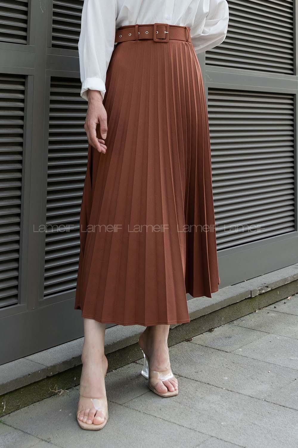 Tan Viscose Fabric Unprinted Pleated Skirt