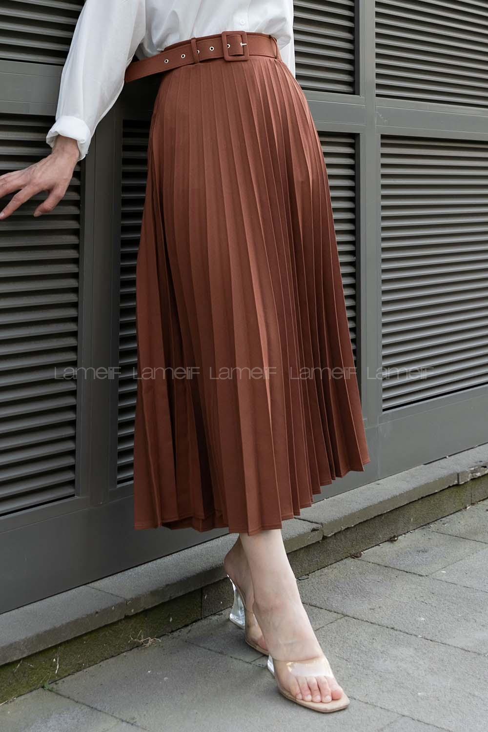 Tan Viscose Fabric Unprinted Pleated Skirt