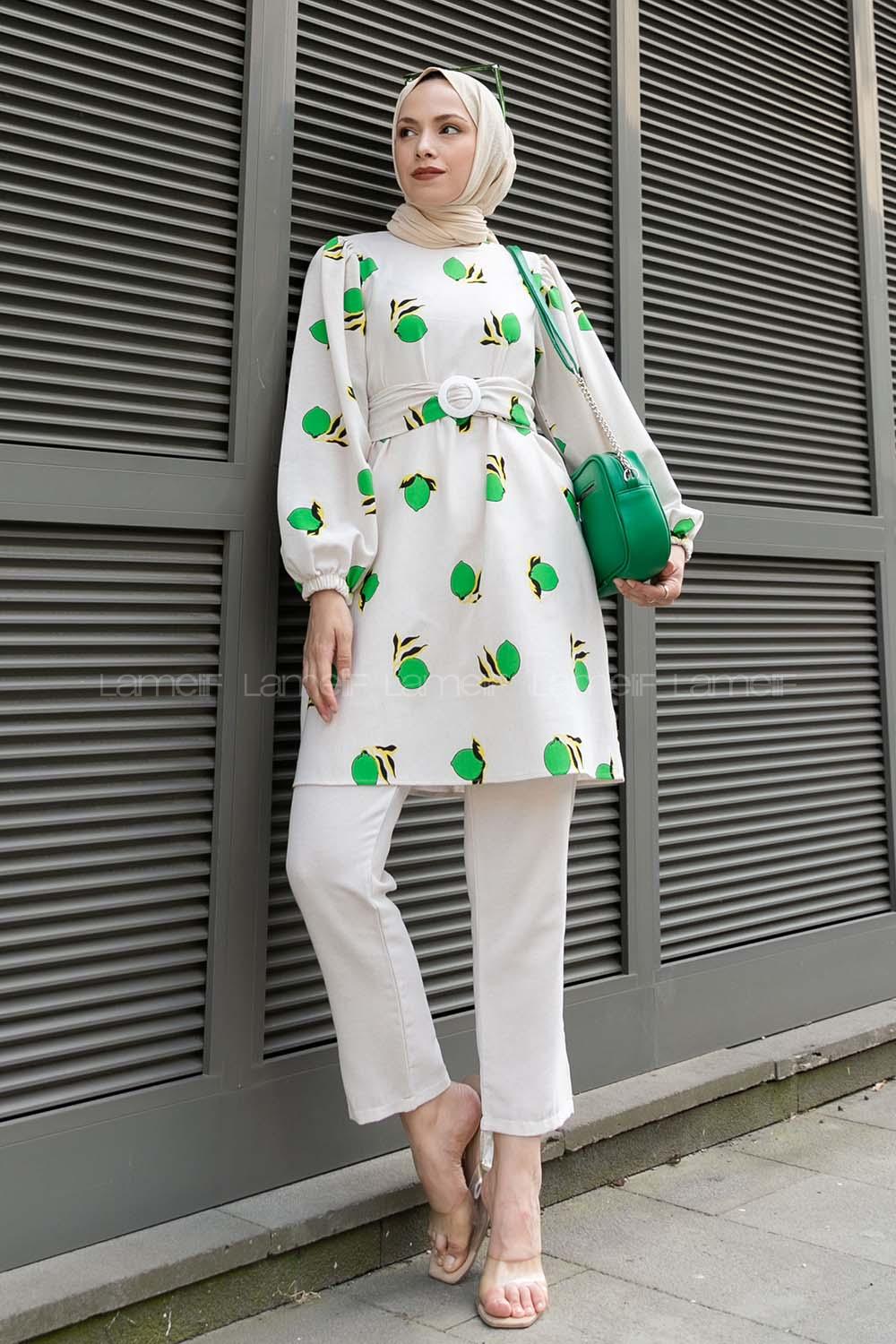 Modalamelif Limon Baskılı Balon Kol Takım Yeşil