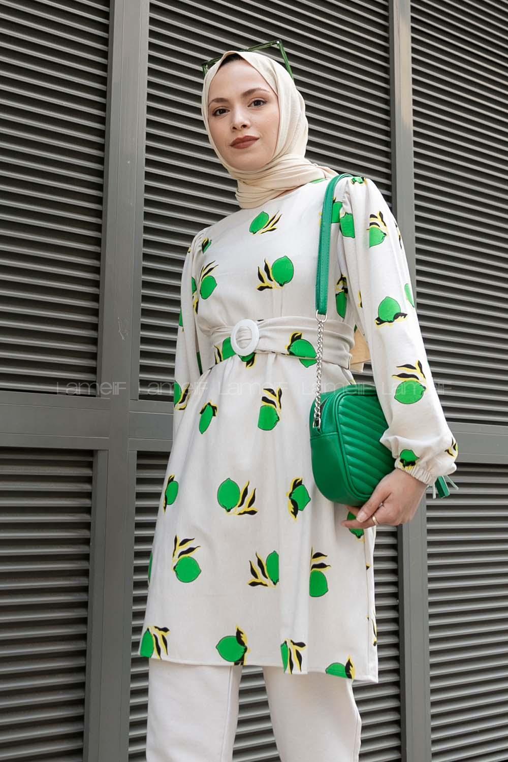 Modalamelif Limon Baskılı Balon Kol Takım Yeşil